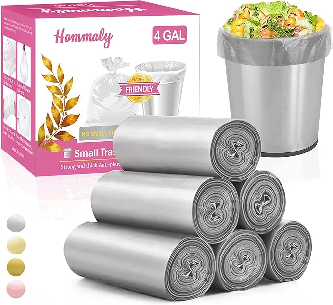 4 Gallon 180pcs Small Silver Grey Trash Bags Strong Garbage Bags, Bathroom Trash Can Bin Liners, Plastic Bags for Office, Waste Basket Liner, Fit 12-15 Liter, 3.5,4,4.5 Gal（Silver Grey 180）
