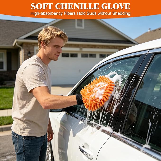 16FT Car Wash Brush with Long Handle, RV Wash Brush with Soft Chenille Microfiber Mop, Mitt and Windows Squeegee, Extendable Cleaning Kit for Truck, Boat or House Siding Ceiling, 5Pack