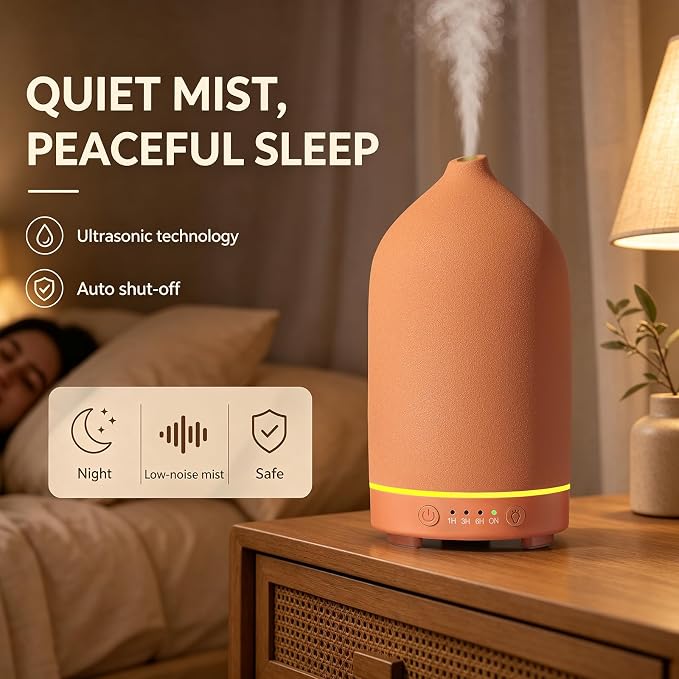 200ML Ceramic Essential Oil Diffuser for Home, Stone Diffuser | Ultrasonic Aromatherapy Diffuser & Air Humidifier for Bedroom, Office, Yoga, 7 LED Lights, Auto Shut-Off, 3 Timers, Brown