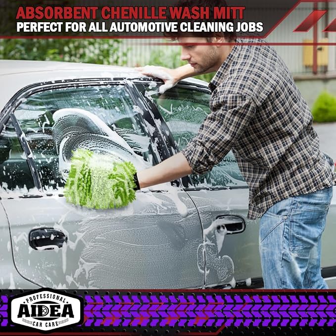AIDEA Car Wash Mitt Microfiber, 10PK, Car Wash Brush, Green, 7.12''X10.14'' | Scratch Free Lint Free Premium Chenille Microfiber Mitt, Cleaning Supplies, Regular Size