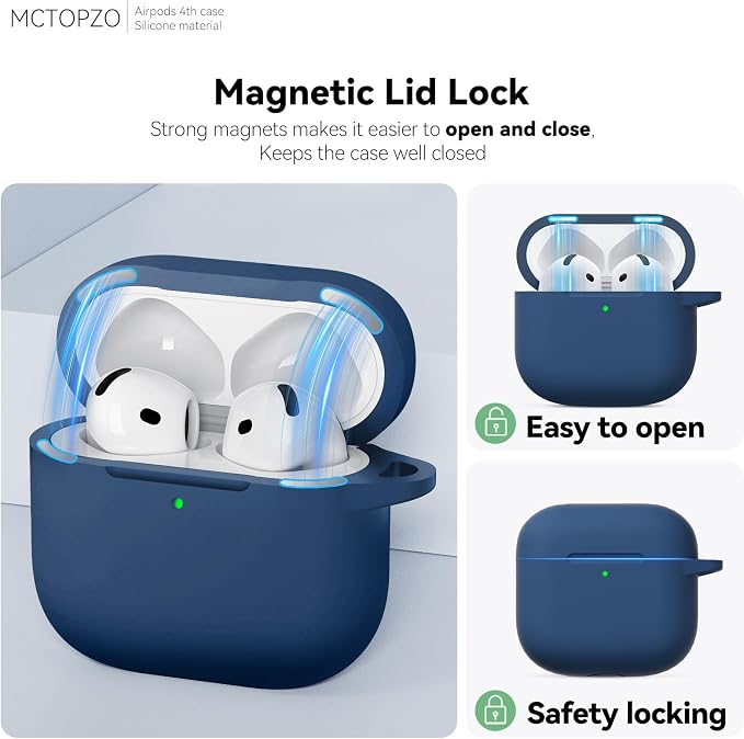 for AirPods 4 Case 2024 with Cleaner Kit & Keychain-Magnetic Blue | Silicone Protective Cover for Apple AirPods 4th Generation Case,for Women Men,One-Piece Design,Shockproof,Dust Proof,Magnetic