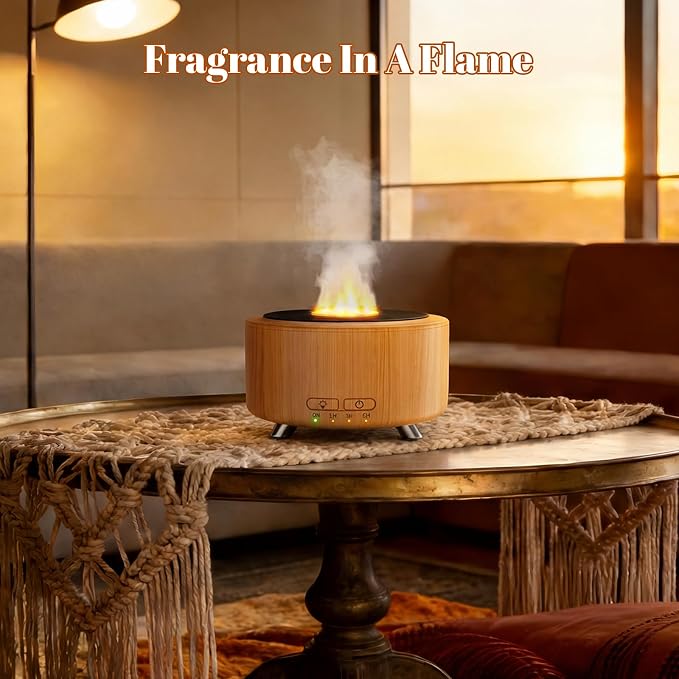 500ML Retro Vinyl Essential Oil Diffuser for Home | 3D flame effect & 9 colors. 500ml tank lasts 14H for deep sleep. BPA-free with auto-off ensures safety for babies and pets.