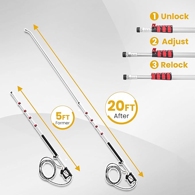 M MINGLE 20 FT Telescoping Pressure Washer Wand with Brush Head | Gutter Cleaner Attachment, 5 Nozzle Tips and Hose Adapters, Ideal for House Exterior, Window & Roof Cleaning