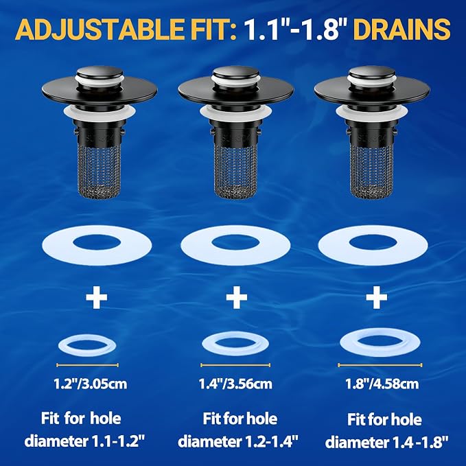 Bathroom Sink Drain Strainer, Pop-Up Bathroom Sink Stopper with Removable Stainless Steel Hair Catcher Basket, Universal Fit for US Bathroom Sinks, Showers & Floor Drains (1pcs-Black)