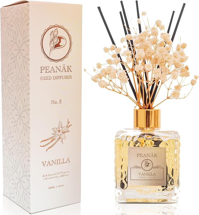Reed Diffuser Set - Vanilla Coconut Oil, Oil Diffuser Sticks, Bathroom Diffuser, Bathroom Shelf Decor, 200ml with Preserved Flowers - PEANÄK