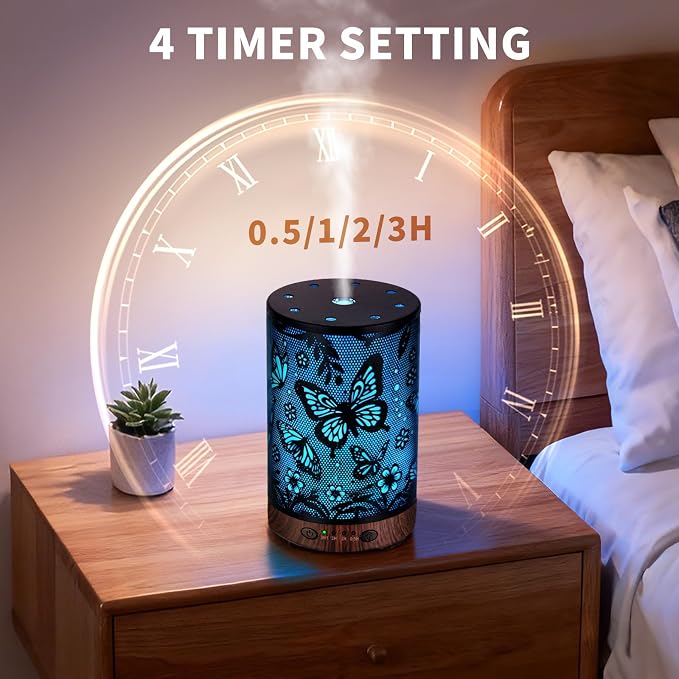 Essential Oil Diffuser 120ML Metal Aromatherapy Diffuser with Timer, Cool Mist Humidifier with Auto Shut-Off & 7 Color Lights for Home Office Spa (Big Butterfly)