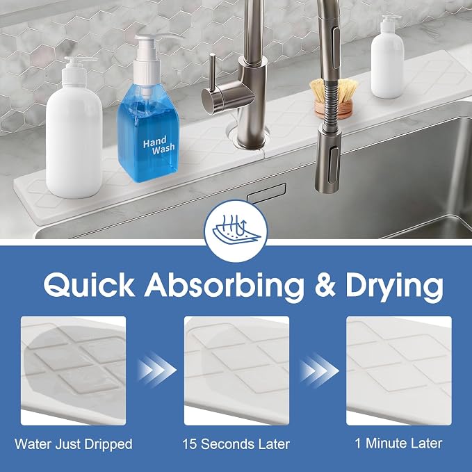 Kitchen Sink Mat, Stone Faucet Mat for Kitchen Sink with Raised Feet, Water Absorbing Stone Tray for Sink, Faucet Splash Guard, Kitchen Accessories, Matte white, 15.8" x 4"