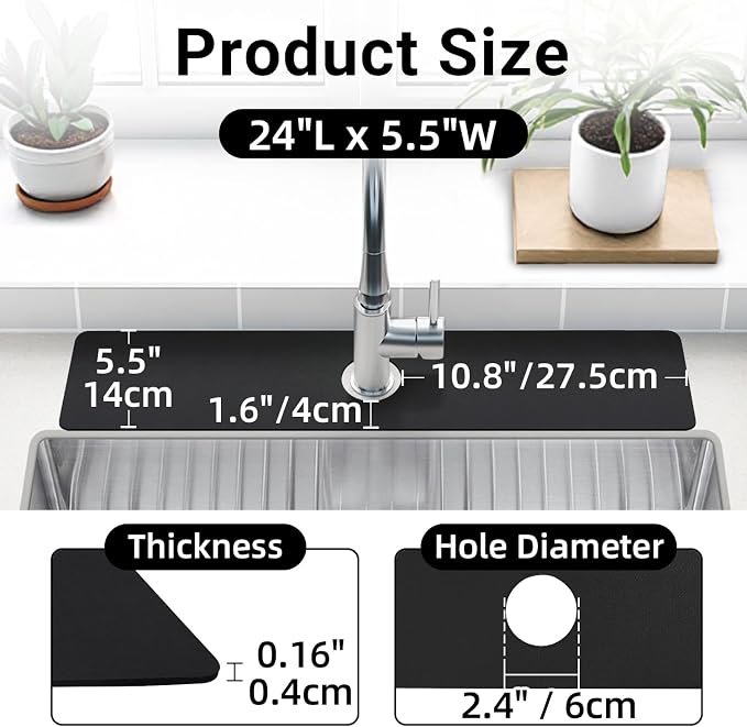 LOPNUR Faucet Mat for Kitchen Sink Cuttable, 24 Inch Long Sink Splash Guard Behind Faucet, Super Absorbent Diatomite Sink Protector Mat, Bathroom Water Splash Guard Fast Dry, Easy to Cut, Black