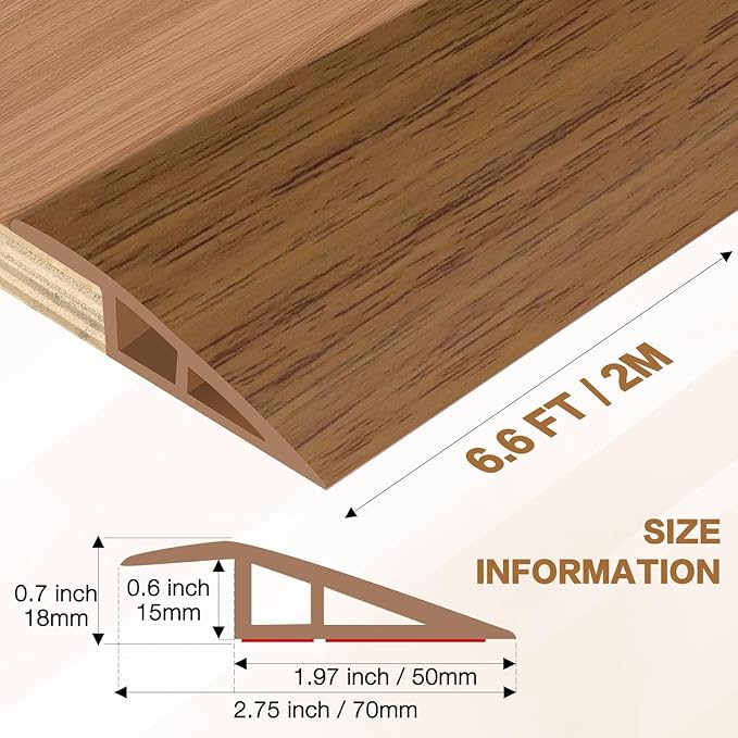Floor Transition Strip Vinyl Door Threshold Ramp Self Adhesive Carpet Edging Strip Doorway Edge Trim, Overlap Edge Reducer for Laminate Carpet, Floor, Tile (Orange Oak, 2/5" to 3/5", 6.6Ft)