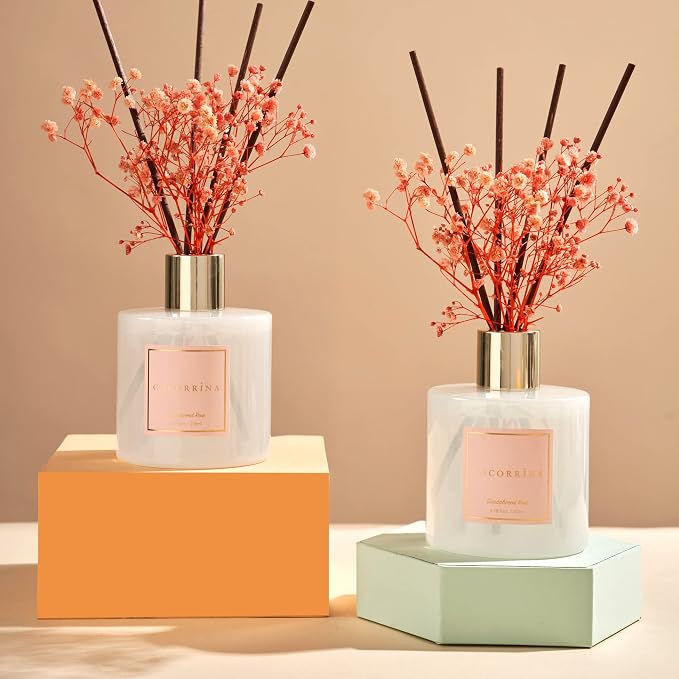 Premium Reed Diffuser Set with Preserved Baby's Breath & Cotton Stick Sandalwood Rose 2 Packs, 6.7oz Scent Fragrance Oil Diffuser for Bedroom Bathroom Home Décor