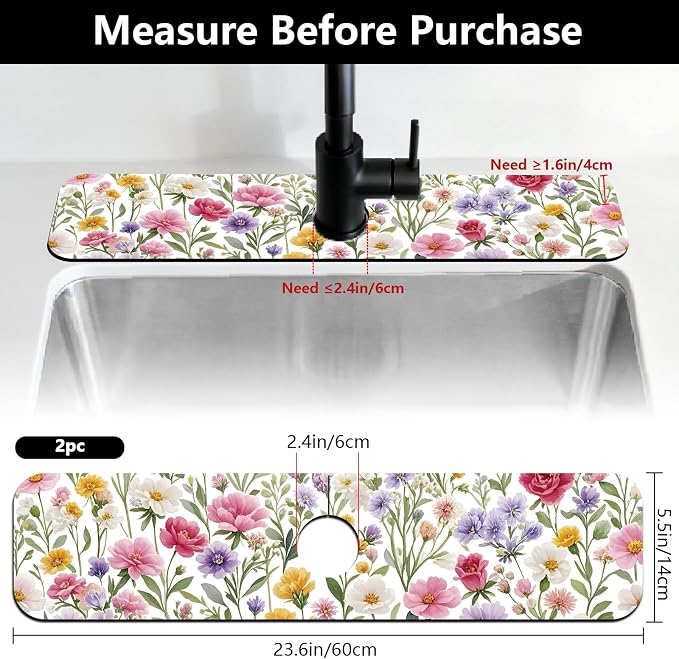 2 Pcs Kitchen Sink Splash Guard Faucet Mats Colorful Watercolor Flowers and Plants Pattern Faucet Mat for Sinks Absorbing Drying Mat for Kitchen Bathroom, 23.6x5.5inch