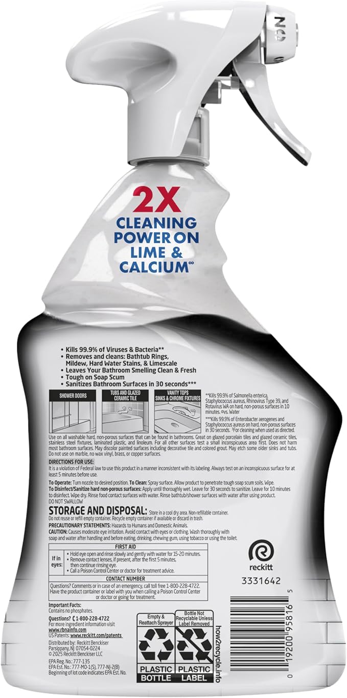 Lysol Power Limescale Remover Bathroom Cleaner Spray, Hard Water Stain Remover, Disinfecting Multipurpose Cleaner for Shower & Bathtub, Tough on Lime & Calcium, 0% Bleach, Atlantic Fresh Scent, 32oz
