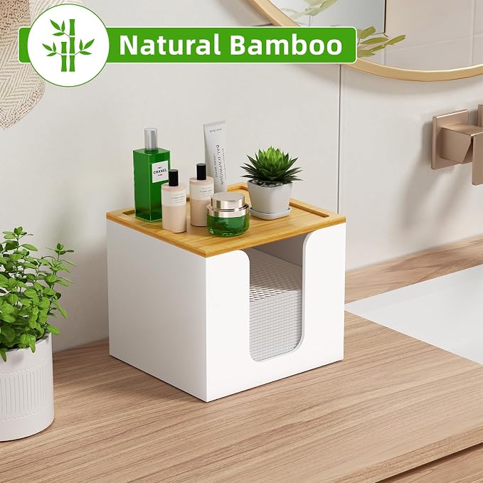 VITVITI Disposable Face Towel Holder for Clean Skin Club, Acrylic Box White | XL Face Towels Holder Container, Facial Towel Storage with Bamboo Lid, for Bathroom, Vanity Makeup