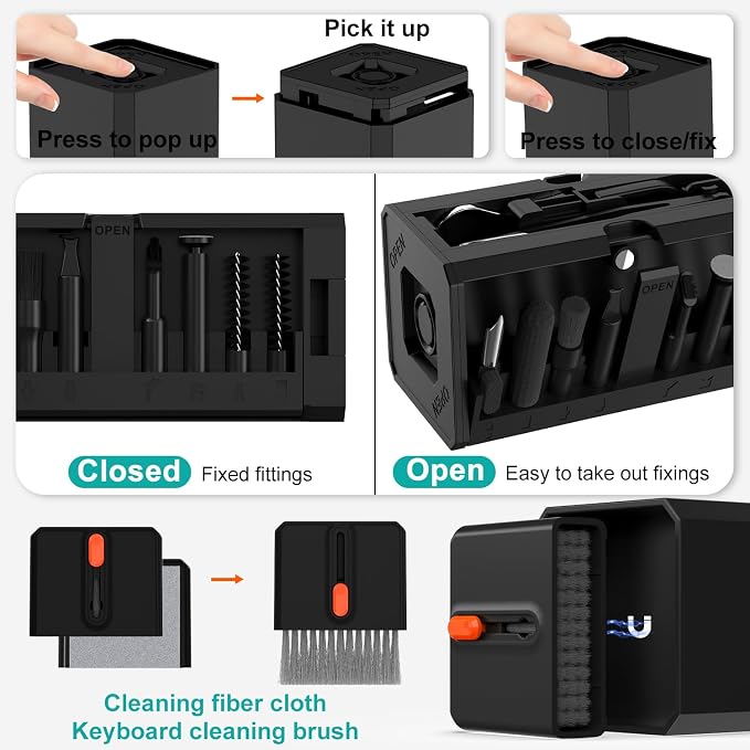 VICHYIE 32 in 1 Multi-Function Cleaning Kit for Electronic Devices (Black) | Phone Cleaning Tool, PC Keyboard Cleaner Kit with Brush, Multipurpose Cleaning Set for Earbuds, Cellphone, Computer, Cameras