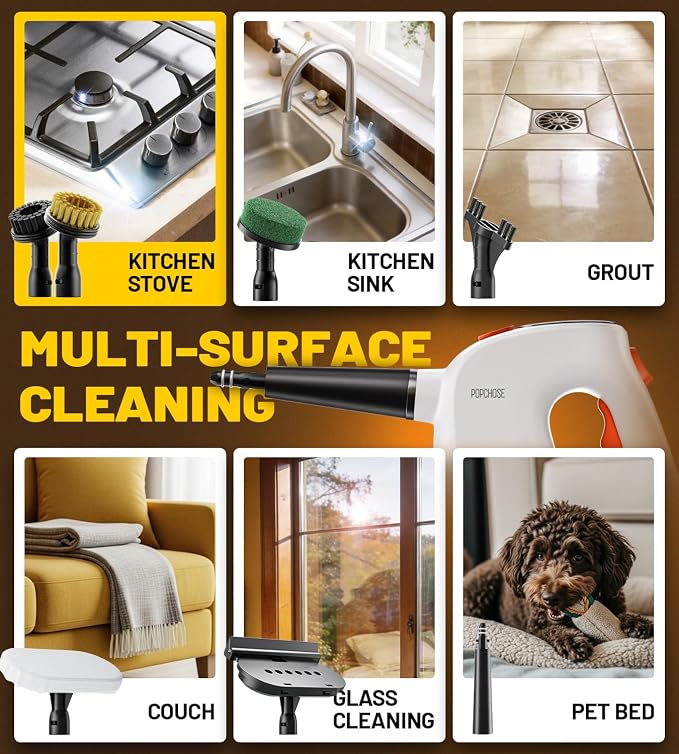 POPCHOSE Handheld Steam Cleaner with Detergent Dispenser | 15s Heat-Up, 500ml Removable Water Tank, Lightweight Portable Steamer for Cleaning Grout, Windows, Kitchen & Bathroom