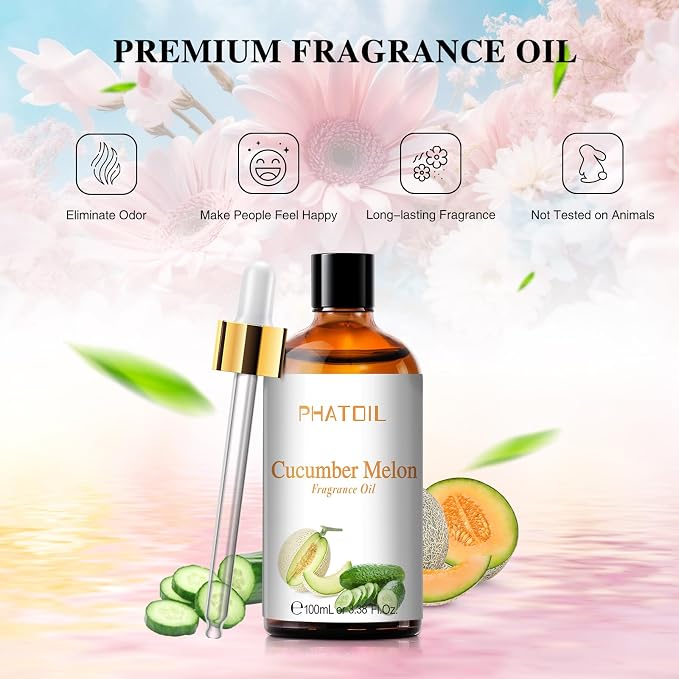 PHATOIL Cucumber Melon Fragrance Oil for Diffuser Aromatherapy 3.38FL.OZ | Long Lasting Scented Oils For Humidifier, Air Freshener, DIY Soap Candle, Scent Project Making, Aroma Oil for Home Freshening