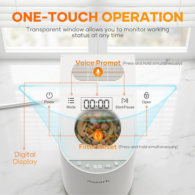 Smart 6L Electric Composter for Kitchen, Large Countertop Compost Bin with Carbon Filter & Auto-Cleaning,One-Touch Start, Smart Humidity-Sensing LED Display,Visible Window Odorless Low Noise