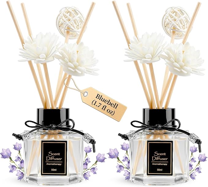 TonJin 2PCS Bluebell Reed Diffuser Set 1.7 fl oz with 6 Scent Sticks, Fresh Woodland Floral Home Fragrance, Natural Essential Oil Sticks for Bathroom, Bedroom & Living Room | Non-Toxic Air Freshener
