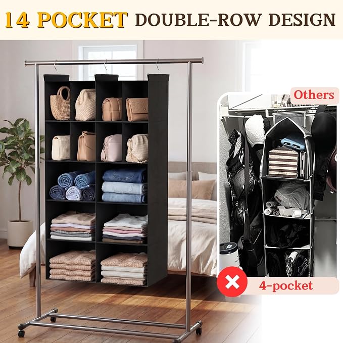 5 Tier Hanging Closet Organizer, 14 Compartments Dual Row Storage, Black | Closet Organizers and Storage with Large & Small Pockets, 3 Sturdy Hooks Support Heavy Loads, Ideal for Dorm, Garment Rack