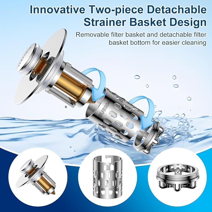 Bathroom Sink Drain Strainer,All Metal Pop-Up Sink Stopper with Removable Stainless Steel Filter Basket, Universal Bathroom Hair Catcher Fit for 1.1-2.36'' Drain (Silver, 1 Pack)