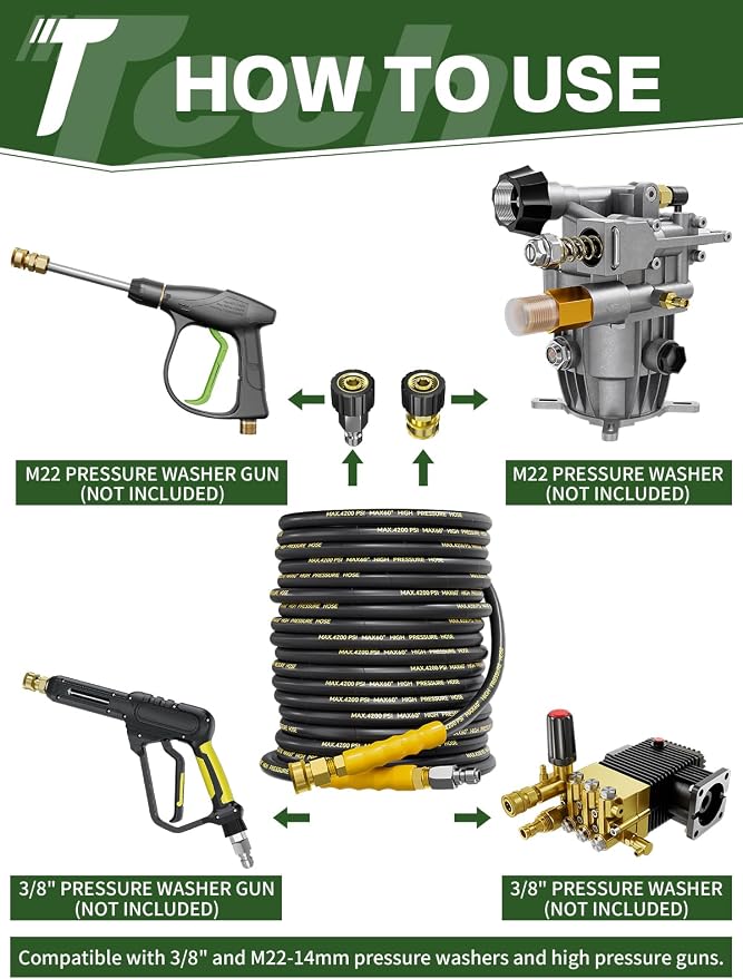 4200PSI Pressure Washer Hose 75FT with 3/8" Swivel Quick Connect for Cold/Hot Water, Kink Resistant Steel Wire Braided,1/4" Wear Resistant Power Washer Hose with 2 M22 14mm Adapter Set