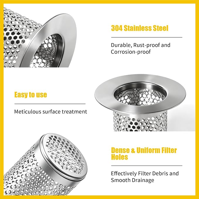 Bathroom Sink Drain Strainer, Bathtub Drain Hair Catcher, 304 Stainless Steel Shower Drain, Deep Basket Cover, Anti-Clog for Pet Hair, Universal Tub Drain Filter