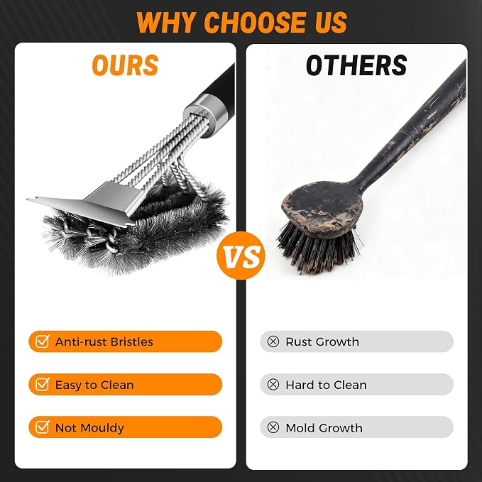 18'' BBQ Grill Cleaning Brush Scraper, 3 in 1 Barbecue Woven Wire Brush for Grill, Stainless Grill Grate Cleaner, for Weber Gas, Charcoal, Electrical, Infrared
