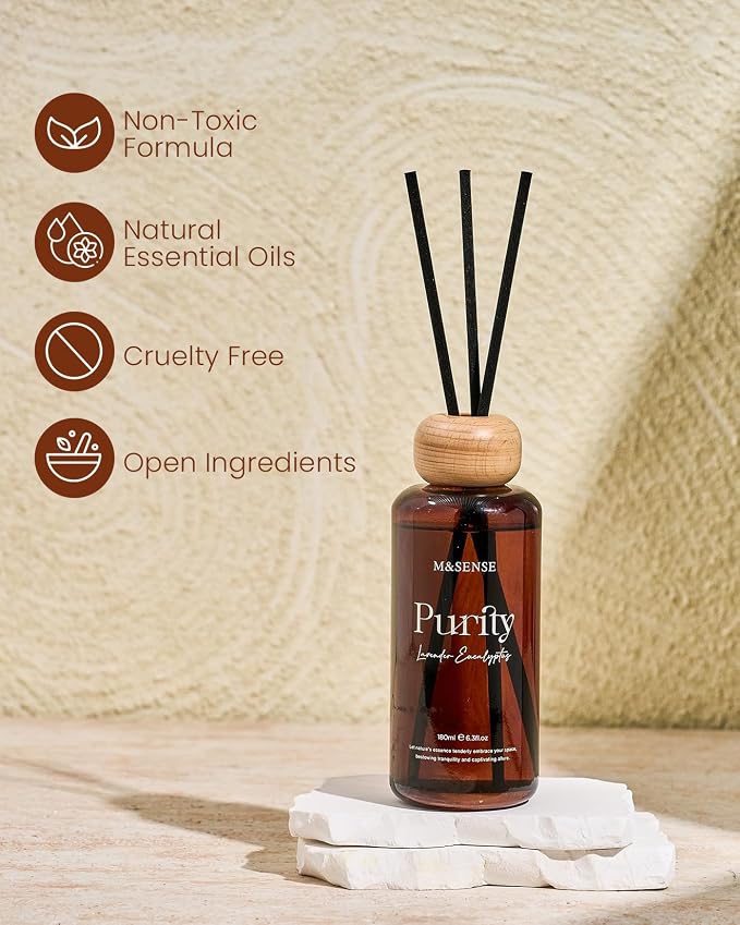 M&SENSE Reed Diffuser, Lavender Eucalyptus, 6.3 oz Natural Essential Oil | Non-Toxic Organic, Long-Lasting Fragrance, Ideal for Bathroom, Bedroom, Gifts for Women