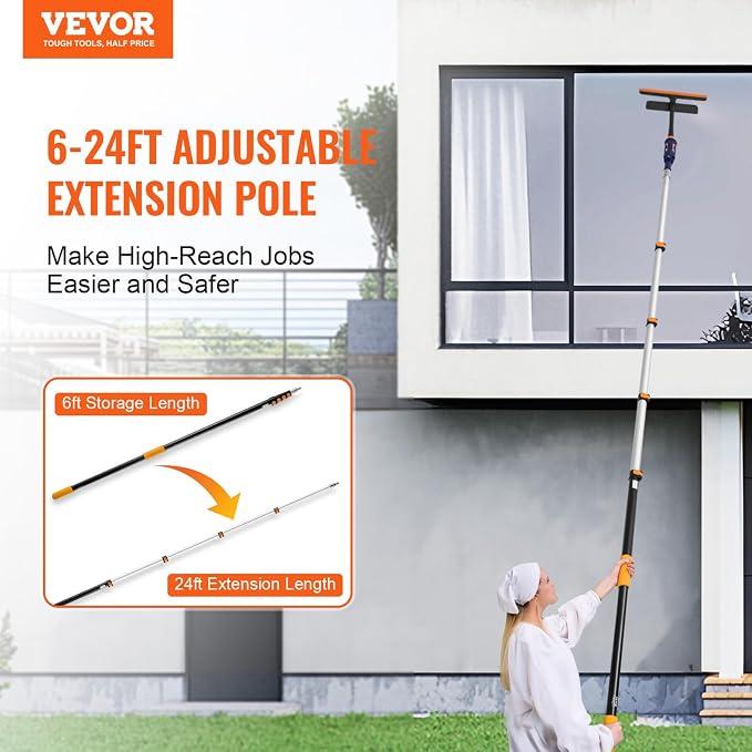 VEVOR Telescopic Extension Pole, 6-24 FT Multi-Purpose Extension Pole, Sturdy Aluminum Alloy Paint Extendable Pole with Flip-Lock Design, Telescopic Pole for Painting, Dusting and Cleaning