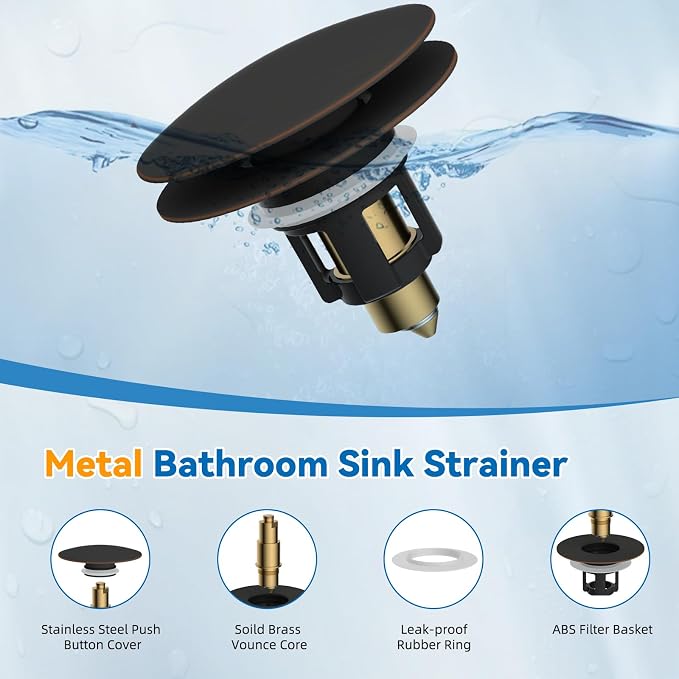 2 PCS Universal Metal Bathroom Sink Stopper Hair Catcher, Oil-Rubbed Bronze | Pop-Up Sink Drain Strainer with Detachable Filter, Drain Plug Fits 1.1"-2.36" US Basin, Large Cover Cap, Brass Bounce Core