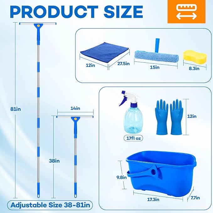 ALOTIKI 9Pcs Window Cleaning Kit with 3 Gal Cleaning Bucket & 81" Squeegee | Professional Window Washing Kit with Extension Pole, Squeegee and Scrubber, Window Cleaner Tool for Shower Glass & Commercial
