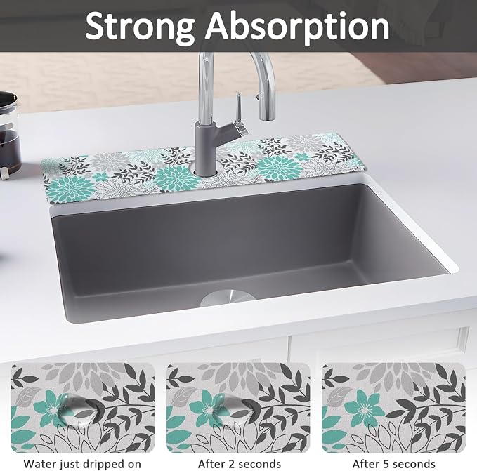 24" X 5.5" Kitchen Sink Splash Guard Faucet Mat Flora Super Absorbent Fast Drying Faucet Guard & Draining Mat Sink Splash Guard Behind Faucet for Kitchen, Bathroom