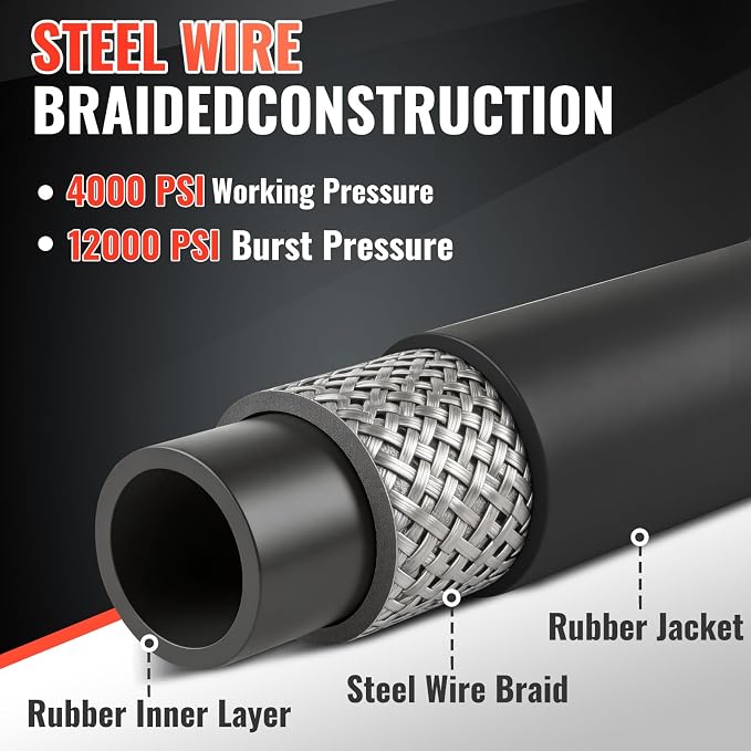 YAMATIC 3/8" Pressure Washer Hose 50FT With Swivel 3/8 Quick Connect, 4000 PSI High Tensile Steel Braided Kink Resistant, 212°F Hot/Cold Water Power Washer Hose for Professional Gas Cleaning