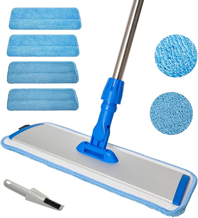 HONOVA 17.5" Microfiber Mop for Floor Cleaning, Blue Flat Floor Mop | 59" Stainless Steel Handle, 4 Reusable Washable Replacement Pads, Wet & Dry Use, for Hardwood Tile Laminate