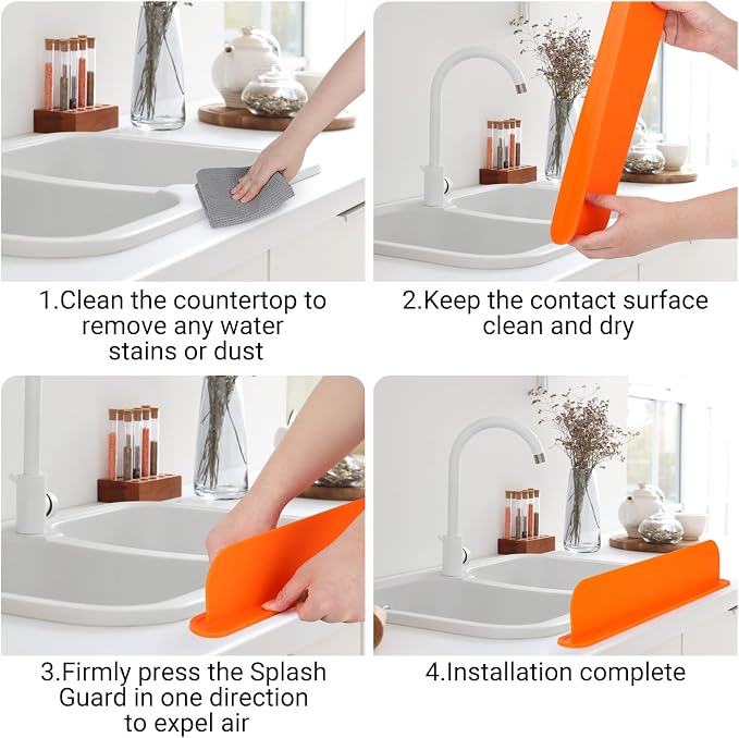 19.3 inch Sink Water Splash Guard, Silicone Sink Splash Guard, Backsplash Protector for Kitchen Countertop & Bathroom Bathtub with Non-Slip Strong Suction, Orange