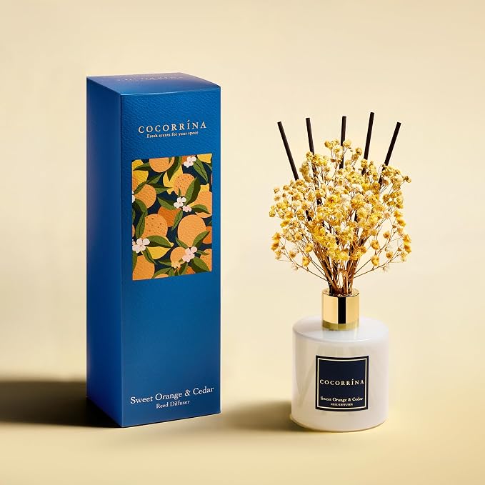Reed Diffuser - Sweet Orange & Cedar 6.7 Fl.oz Reed Diffuser Set with Sticks & Preserved Baby's Breath, Reed Diffuser for Home Bathroom Shelf Decor