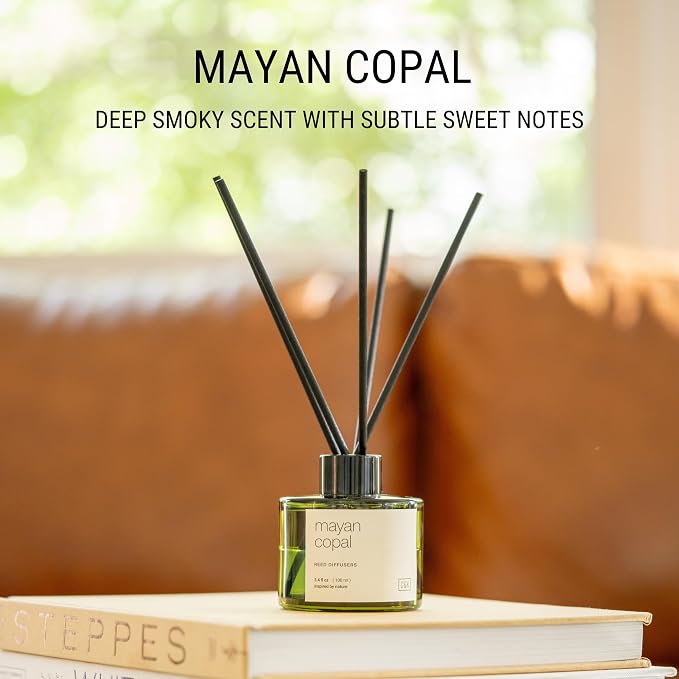 Craft & Kin Premium Santal Woods Reed Diffuser – 3.4 oz Natural Essential Oil Diffuser for Home & Bathroom – Long-Lasting Fragrance with Rattan Scent Sticks – Green Glass Room Decor
