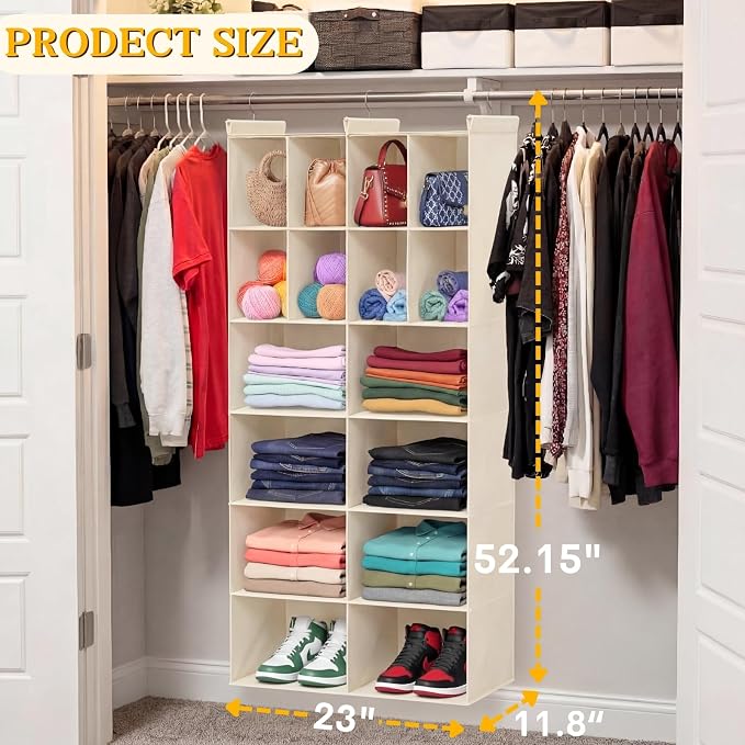 6 Tier Hanging Closet Organizer, 16 Compartments Dual Row Storage, Beige | Closet Organizers and Storage with Large & Small Pockets, 3 Sturdy Hooks Support Heavy Loads, Ideal for Dorm, Garment Rack