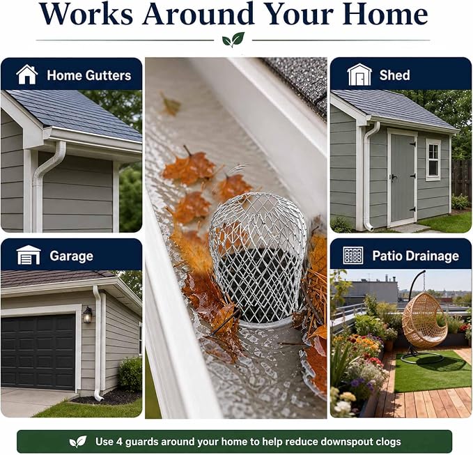 4 Pack Upgrade Gutter Downspout Guards, Heavy Duty Expandable Aluminum Gutter Filter, Leaf Gutter Downspout Screen for 2-4In Downspout Guard Openings, Stop Clogs from Leaves & Twigs