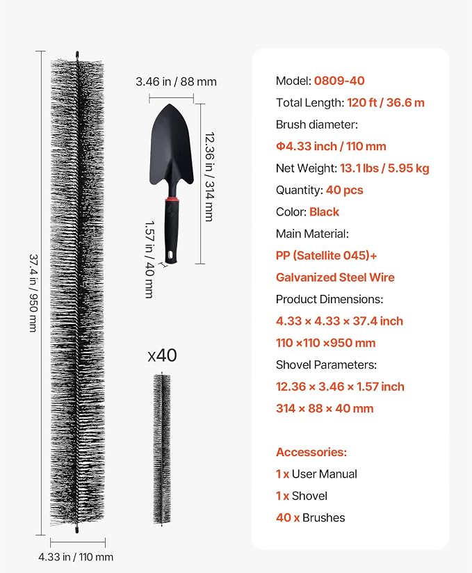 VEVOR Gutter Brush, 4.33 inch Diameter 120 Feet Total Length Gutter Cleaning Tools, Ground-Level Brush Leaf Guard for 5 Inch Gutters, Easily Clear Roof Leaves and Debris, 40 Pack