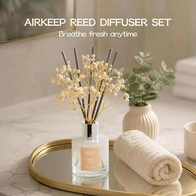 Reed Diffuser Set,3.38 fl oz (100 ml) - Fresh Linen Oil Diffusers with 8 Reed Sticks, Home Fragrance Reed Diffuser for Bathroom Shelf Decor