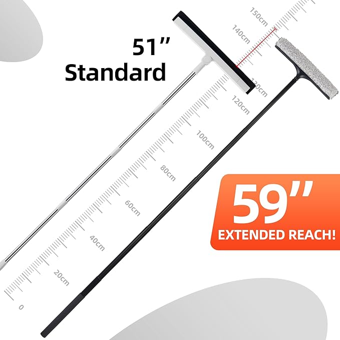 16-59" Telescopic 2-in-1 Window & Shower Squeegee for Glass Doors | 30% thicker silicone blade, microfiber pad, ideal for car windshields, bathroom tiles, RVs, safe high reach without ladders