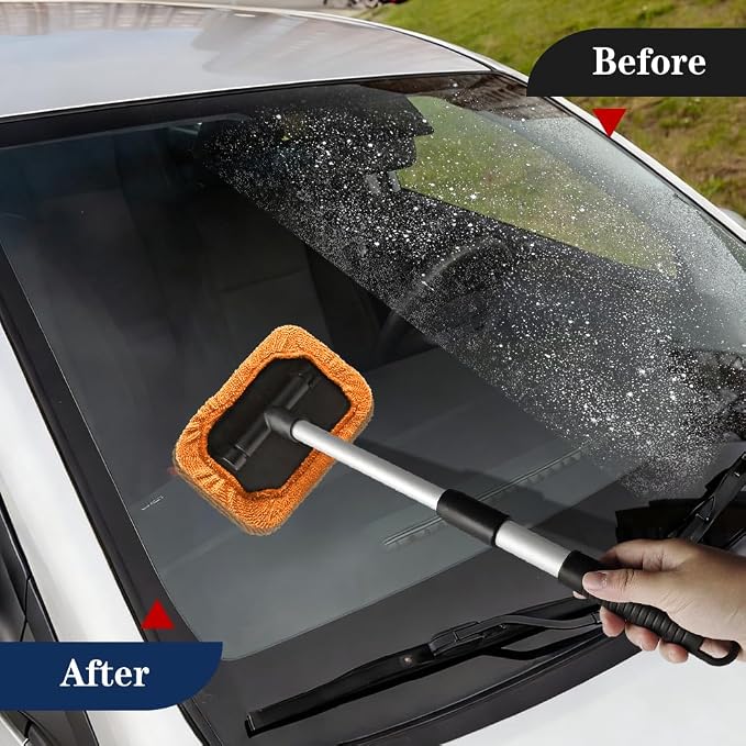 Windshield Cleaning Tool, Car Window Cleaner, Vehicle Window Cleaner with Extendable Handle & 2 Washable Microfiber Pads, Car Interior Glass Wiper Cleaning Kit for Most Vehicles (Orange)