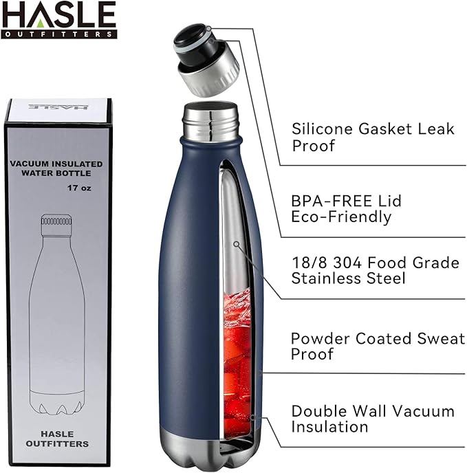 HASLE OUTFITTERS 17oz Stainless Steel Water Bottles Bulk, Vacuum Insulated Water Bottles Double Walled Powder Coated Reusable Metal Sports Water Bottles Keep Drinks Hot and Cold, Navy, 8Packs