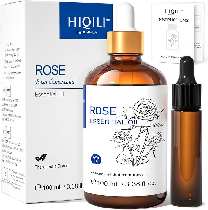 HIQILI Rose Essential Oil for Skin, Diffuser & Candle Making | Calming Floral Aroma for Soap Making, Relaxing Massage, Spa Bath & Home Fragrance – 100mL / 3.38 fl oz
