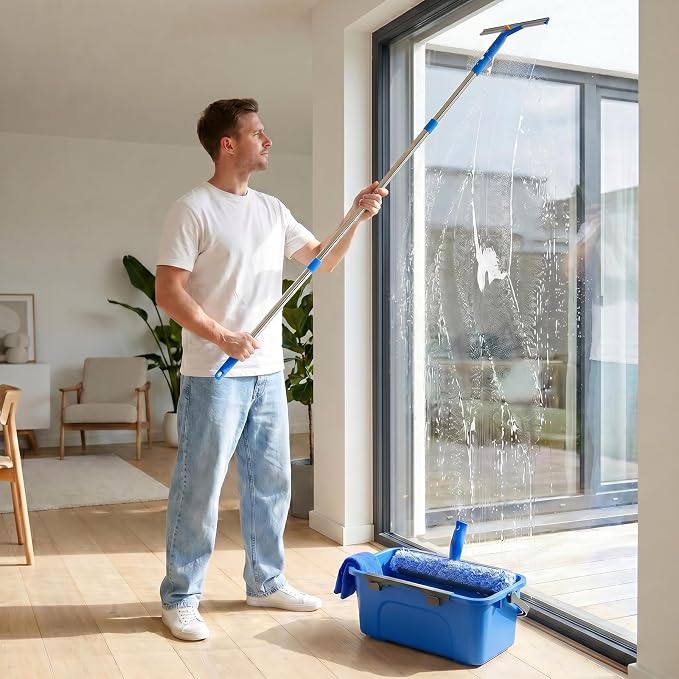 UFORU Professional Window Cleaning Kit with Bucket 3 Gallon for High Indoor | 14" Window Squeegee & 15" Microfiber Scrubber, 76" Adjustable Handle, Effortless Cleaning for High Windows, Homes & Offices