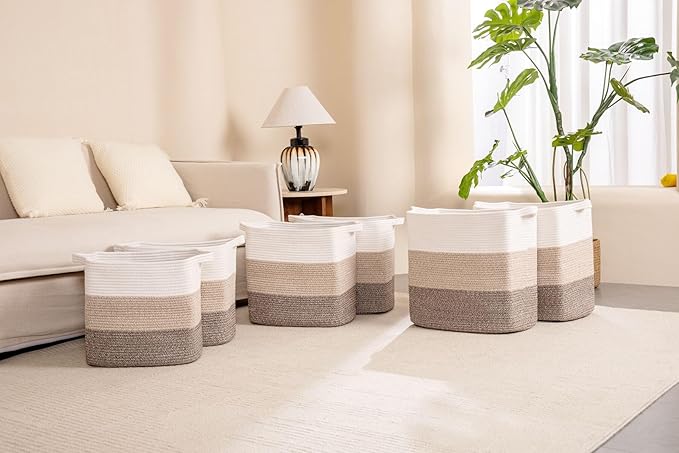 Tall Storage Bins for Clothes Fabric Cotton Rope Storage Baskets with Handles, Decorative Woven Basket for Living Room,Closet Organizer Blankets, and 2bags (Gradient Brown, L16×W11.4×H15.9)