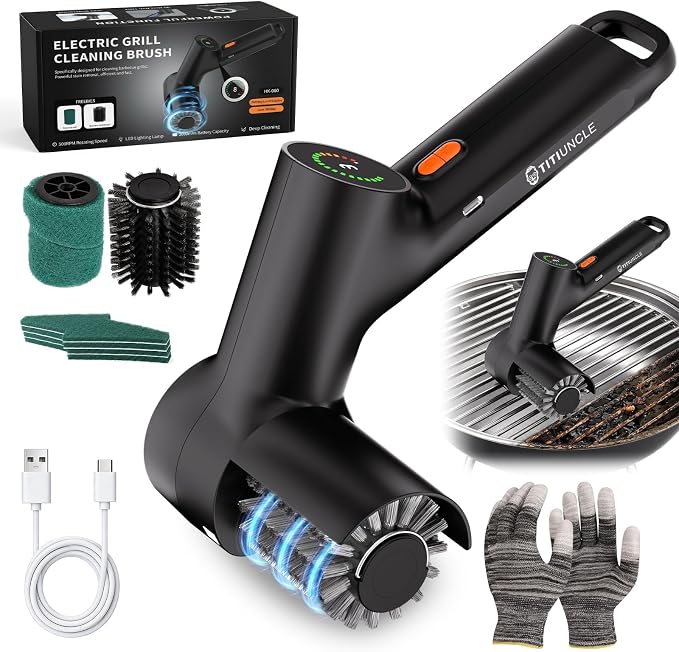 Electric Grill Cleaner Brush for Outdoor Grill with SS Rotary Head, 3 Speed | Portable BBQ Grill Cleaning Brush, 500RPM Motor| 120Mins Runtime|No Bristle Shedding|Replaceable Brush Set, Gifts for Men/Dad