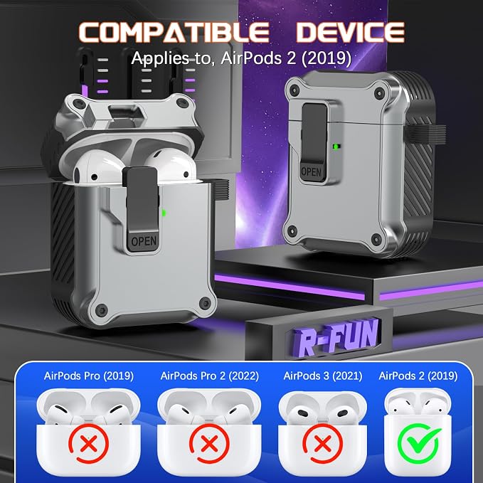 R-FUN for AirPods 2 Case Cover with Lock Magnetic Lid, Silver | Compatible with Apple AirPods 2 and AirPods(2016), Case with Cleaner Kit & Keychain, Powerful Drop Protection