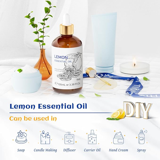 HIQILI Lemon Essential Oil, Household Cleaning, Air Purification, Skin Care, Can be Added to Cleansers, Sprays, Body Lotions Use - 3.38 Fl Oz/100ML | Creates Long-Lasting Fresh Atmosphere for Work, Study and More, Eliminates Odors -100ml / 3.38 fl oz